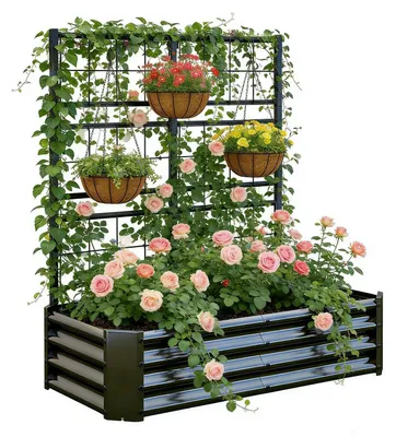 Immagine prodotto di Aiuola rialzata con griglia per piante rampicanti, in metallo, dimensioni 121x61x134 cm, colore nero