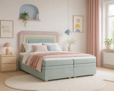 Produktbild von MOEBLO Boxspringbett, Polsterbett Kontinentalbett, dekorativem Kopfteil Doppelbett mit Bonell-Frendung, Topper und Bettkasten (gepolstertes Kopfteil, Boxspring) - Nest 140x200 - Rainbow
