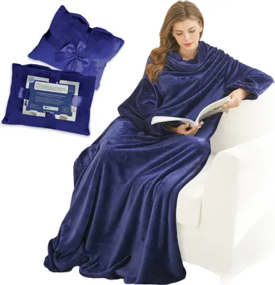 Produktbild von Kuscheldecke mit Ärmeln und Taschen, Sofa Decke, TV Decke, Decke mit Tasche, Geschenke für Frauen, Geburtstagsgeschenk für Mama, Schwester, Freundin, TV Decke, Sofa Decke, 150x200, Blau