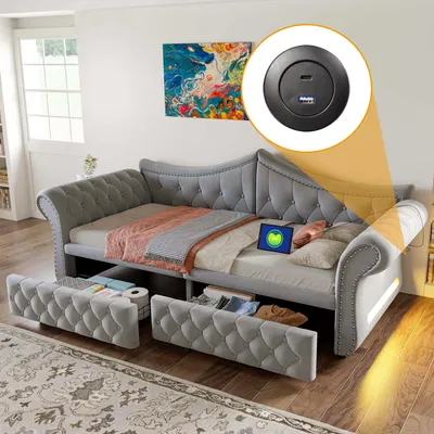 Immagine prodotto di Divano letto Flieks 90x200 cm con 2 cassetti, letto imbottito singolo con USB, letto a castello per ragazzi con illuminazione, divano letto con contenitore in velluto, grigio