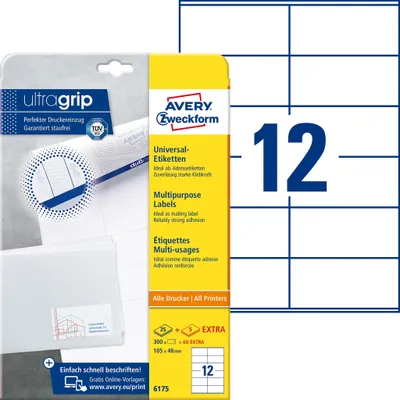 Productafbeelding van Avery Zweckform® 6175 Universele etiketten met ultragrip - 105 x 48 mm, wit, 360 etiketten, permanent