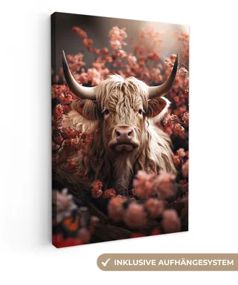 Produktbild von MuchoWow® - Leinwandbilder - Schottische Highlander - Tier - Natur - Blumen - Botanisch, Wandbild, Wanddeko Bilder Wohnzimmer, 20x30 cm