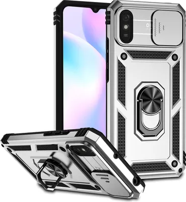 Image de Étui pour Xiaomi Redmi 9A étui double couche avec couvercle coulissant pour appareil photo et anneau de support Argent