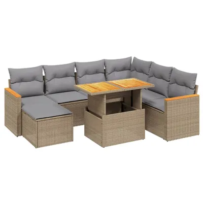 Produktbild von Garten-Sofagarnitur, 8-teilig, modular, höhenverstellbarer Tisch, PE-Rattan Beige, pulverbeschichteter Stahl, UV-beständig, Kissen Hellgrau