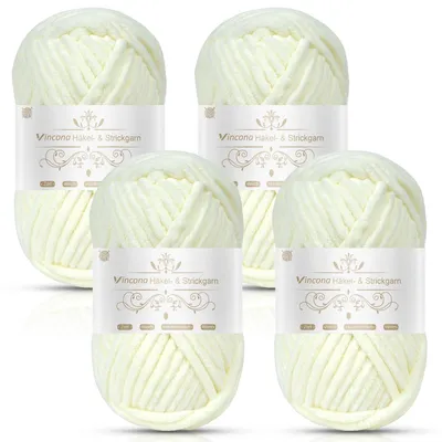 Zdjęcie produktu dla Nici chenille, bardzo grube, 4 sztuki po 100g, kolor: biały, materiał: poliester, grubość: 7 mm, zalecana grubość igły: 6-9 mm