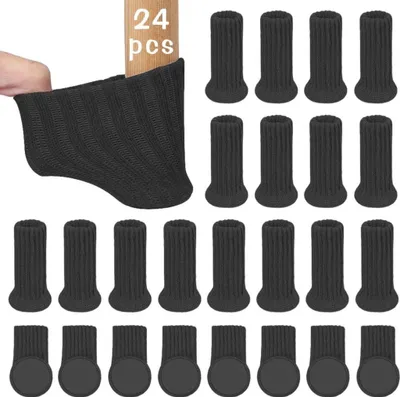 Produktbild von 24 Stück Hochelastische Stuhlsocken mit Filzgleitern, Antirutsch Pads, Beinschutz & Bodenschoner (Schwarz)