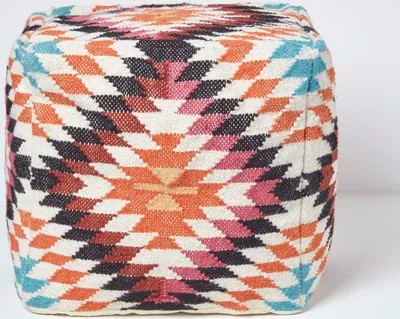 Obrázek produktu pro HOMESCAPES Oranžový a růžový vzorovaný kilimový puf Jaipur v boho vzhledu, 43 x 43 x 43 cm