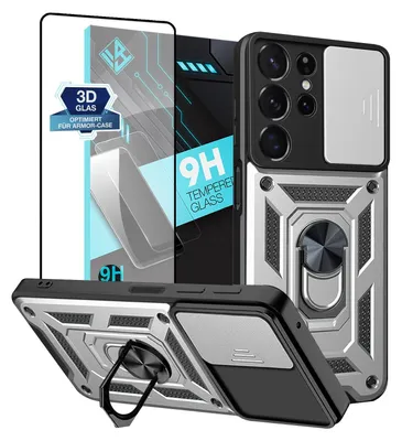 Produktbild von Armor Handyhülle für Samsung Galaxy S23 Ultra mit 9H Displayglas Displayschutz Kameraschutz Handy Panzer Case Cover Schutzhülle Outdoor Farbe: Silber
