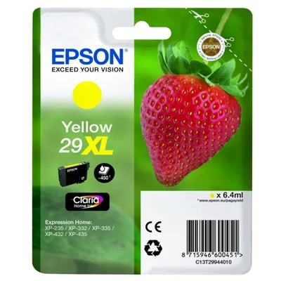 Produktbild von Epson Strawberry Singlepack Yellow 29XL Claria Home Ink, Hohe (XL-) Ausbeute, Gelb, Tinte auf Pigmentbasis, 6,4 ml, 1 Stück(e), 450 Seiten