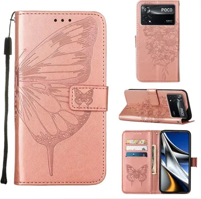 Produktbild von Xiaomi Poco X4 Pro 5G Hülle, Schmetterling Prägung Flip Leder Kartenfächer Schutzhülle Ledertasche mit Ständer für Xiaomi Poco X4 Pro 5G Roségold