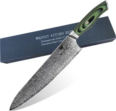 Zdjęcie produktu dla Nóż szefa kuchni damasceński z zieloną rączką, ostrze 25 cm, 67-warstwowa stal damasceńska z pudełkiem prezentowym firmy WOLFCUT