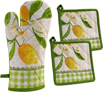 Produktbild von Set aus Baumwoll-Topflappen und Ofenhandschuh, Küchenhandschuhe mit 2 dekorativen Topflappen, Ofenhandschuh 32 x 18 cm, Topflappen 20 x 20 cm