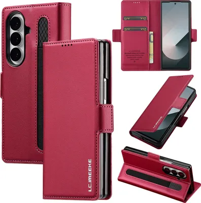 Obrázek produktu pro Magnetické flipové kožené pouzdro pro Samsung Galaxy Z Fold 7, s přihrádkou na karty a funkcí stojánku Červená