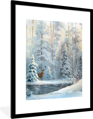 Produktbild von MuchoWow® MuchoWow® Gerahmtes Poster Hirsche - Winter - Wald 60x80 cm - Poster mit zchwarzem Bilderrahmen - Wohnzimmer - Dekorationen - Prämie