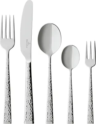 A set of five pieces of silverware, including a knife, fork, and three spoons of varying sizes, arranged in a line against a white background.