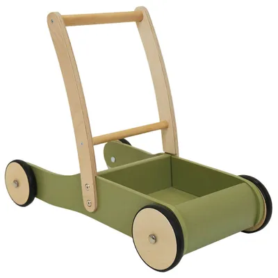 Produktbild von Bandits & Angels Lauflernwagen aus Holz, Retro-Grün, ab 1 Jahr, für Jungen und Mädchen – 47 cm hoher Schiebegriff – für drinnen – mit Korb für Kleinigkeiten – Lauflernwagen aus Holz für Kinder