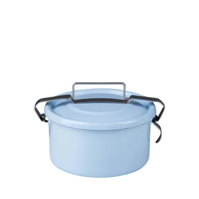 A light blue enamel food carrier with a silver handle and black clasps, shown against a white background.