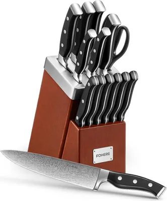 Image de Bloc à couteaux avec couteau auto-affûtant, set de 14 couteaux en acier inoxydable, set de couteaux de cuisine professionnel, manche ergonomique