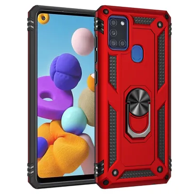 Obrázek produktu pro Ochranné pouzdro pro Samsung A21S, dvouvrstvé robustní, armádou testované ochranné pouzdro s držákem na kroužek, pro Samsung Galaxy A21S červené