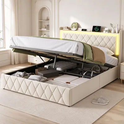Zdjęcie produktu dla Łóżko tapicerowane INONEFT, 140x200 cm, z portem USB, hydrauliczna rama łóżka z pojemnikiem na pościel, obita skórą ekologiczną, kolor beżowy, z materacem sprężynowym