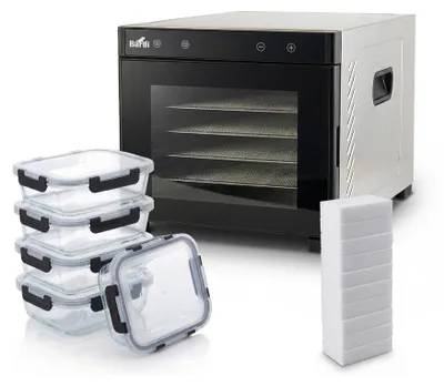 Produktbild von BARDI Professional 6-lagiger Dörrautomat - Trockenofen aus Edelstahl - 24-Stunden-Timer - LED-Bedienfeld - 650 Watt - Inklusive 5 Glasbehälter für die Essenszubereitung und 10 Zauberschwämmen