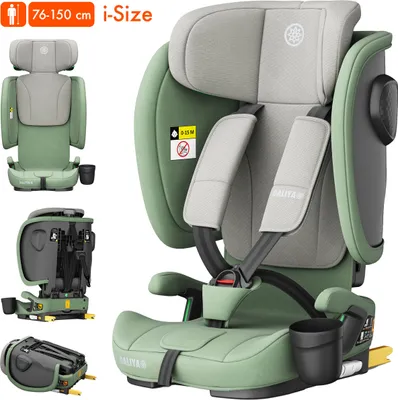 A collage of images showing a green and gray child car seat from different angles, including a close-up of the harness and a view of the ISOFIX connectors.