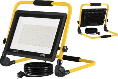 Obrázek produktu pro YARDIN LED reflektor pro stavbu Přenosný 200W teplý bílý reflektor - včetně stojanu a rukojeti pro přenášení - venkovní reflektor Vodotěsný IP66 Reflektor Světlo pro zahradu, garáž