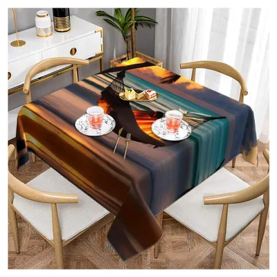 Produktbild von Tischdecke mit Sonnenuntergang Strandhängematte, eleganter Druck, quadratisch für Innen- und Außenbereich, geeignet für Hochzeiten und Teepartys