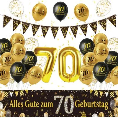 Image de Kit de décoration pour anniversaire - 28 pièces, comprenant une banderole, des ballons et une guirlande de fanions - pour célébrer un 70e anniversaire - couleurs : noir et or