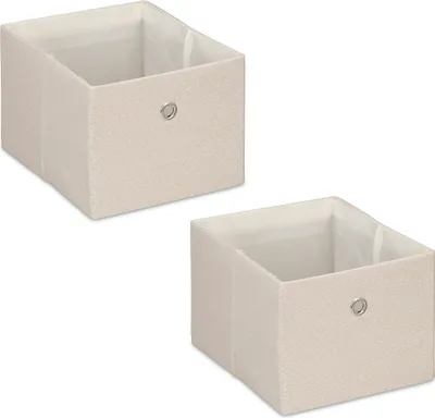 Zdjęcie produktu dla Pudełko do przechowywania Relaxdays, małe pudełko organizacyjne z tkaniny, zestaw 2 szt., wymiary: 16 x 20,5 x 25 cm, składany kosz na półkę, beżowy
