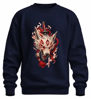 Immagine prodotto di Felpa con cappuccio, stile anni 2000, con motivo giapponese: kitsune (volpe), lupo, katana, yokai, oni. Colore: blu navy. Taglia: M