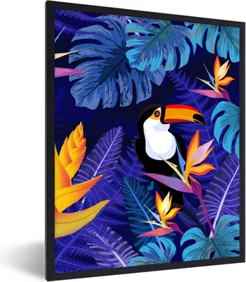 Produktbild von MuchoWow® Gerahmtes Poster Dschungel - Tukan - Blumen - Pflanzen - Kinder - Lila - Tiere 60x80 cm - Poster mit Schwarzem Bilderrahmen Wandposter Rahmen Foto Bilder - Premium - Wanddeko Wohnzimmer