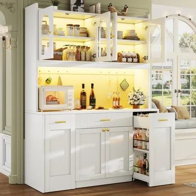 Productafbeelding van Hoogkeuken kast 120 cm, wit, met RGB-LED verlichting, app-bediening, 3 glazen vitrines, lades en uitschuifbare planken, MDF, 120x40x187 cm