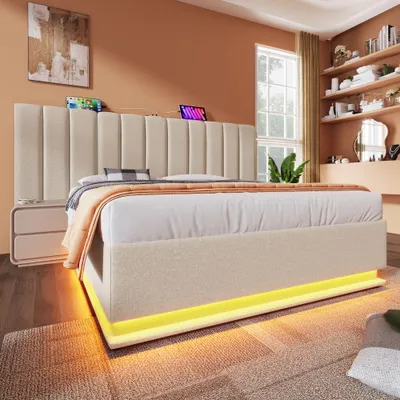 Produktbild von Polsterbett 180x200cm Ohne Matratze Doppelbett Beige Leinen Mit LED USB-C Stauraumbett