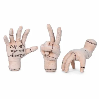 Three plush hand props, one with writing on it, are displayed against a white background.