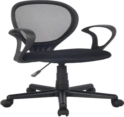 A black mesh office chair with a black base and wheels is shown from the front.