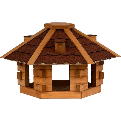 Produktbild von dobar Vogelhaus Futterhaus für Vögel Blockhaus 6-eck aus Holz, Bitumendach, Rot, 43x37x24 cm