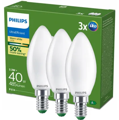 Produktbild von Philips Filament-Kerzenlampe, Milchglas, 40W, B35, E14 x2, 2,3 W, 40 W, E14, 485 lm, 50000 h, Warmweiß