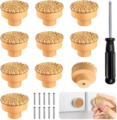 Produktbild von Möbelknöpfe 10 Stück, 4 x 3 cm, Rattan und Holz, für Küche