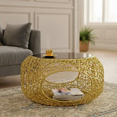 Produktbild von riess-ambiente Runder Couchtisch SPIN 75cm gold Schwarzglas Metall mit Stauraum Beistelltisch Tisch Kaffeetisch