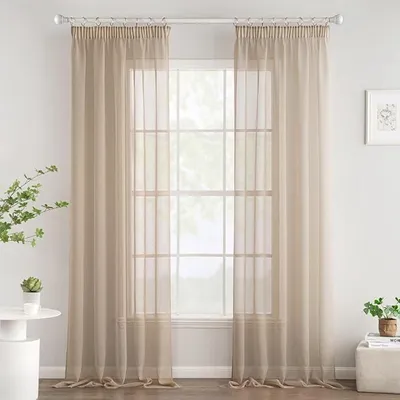 Produktbild von PolkaHome® Voile Gardinen mit Kräuselband 2er Set 140x235 cm Beige Transparente Vorhänge für Wohnzimmer Schlafzimmer