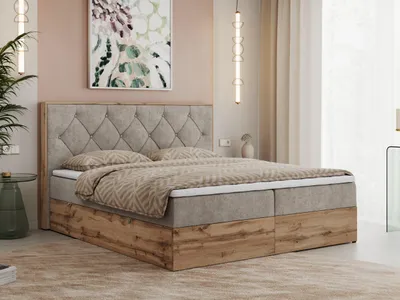 Obrázek produktu pro Boxspring, Moderní postel VENETO Kompletní set s Topperem - 160x200 cm - Tvrdé materace H4 | Béžová Strukturovaná látka - Topper T25