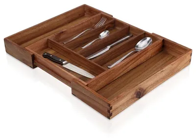 Image de Excellent Houseware | Range-couverts extensible - 28-45x34 cm - Organiseur en bois d'acacia 7 compartiments