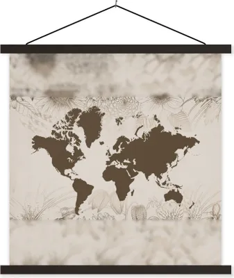 Produktbild von MuchoWow® Textilposter Weltkarte - Blumen - Grün 120x120 cm mit schwarzem Rahmen - Aufhängungsset
