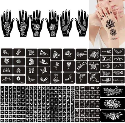 Productafbeelding van Hennapennen-set - 3 handpennen + 12 sjabloonbladen - Tijdelijke tatoeages voor kinderen en volwassenen