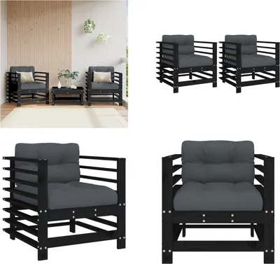 Produktbild von vidaXL Gartenstühle mit Kissen 2 Stk. Schwarz Massivholz Kiefer - Gartenstuhl - Gartenstühle - Outdoor Stuhl - Terrassenstuhl