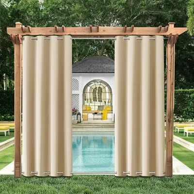 Produktbild von Topchances 2er Set Outdoor Vorhänge Aussenvorhang mit Ösen, Winddicht Wasserabweisend Sichtschutz Sonnenschutz UVschutz，213x132cm,Beige