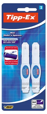 Produktbild von Tipp-Ex Korrekturstift Mini Shake´n Squeeze, mit Metallspitze, 4 ml, Blister à 2 Stück, weiß