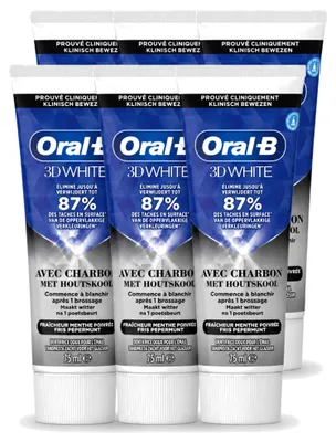Produktbild von 6 x Oral-B 3D White Houtskool Tandpasta - Whitening und Tiefenreinigung - 75 ml - Vorteilspackung - 6 Stücke