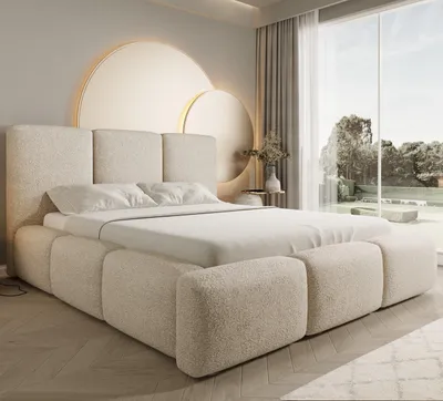 Zdjęcie produktu dla Łóżko tapicerowane Bubble 180×200 – tkanina Boucle, beżowe – z pojemnikiem i podnoszonym stelażem – nowoczesne, designerskie